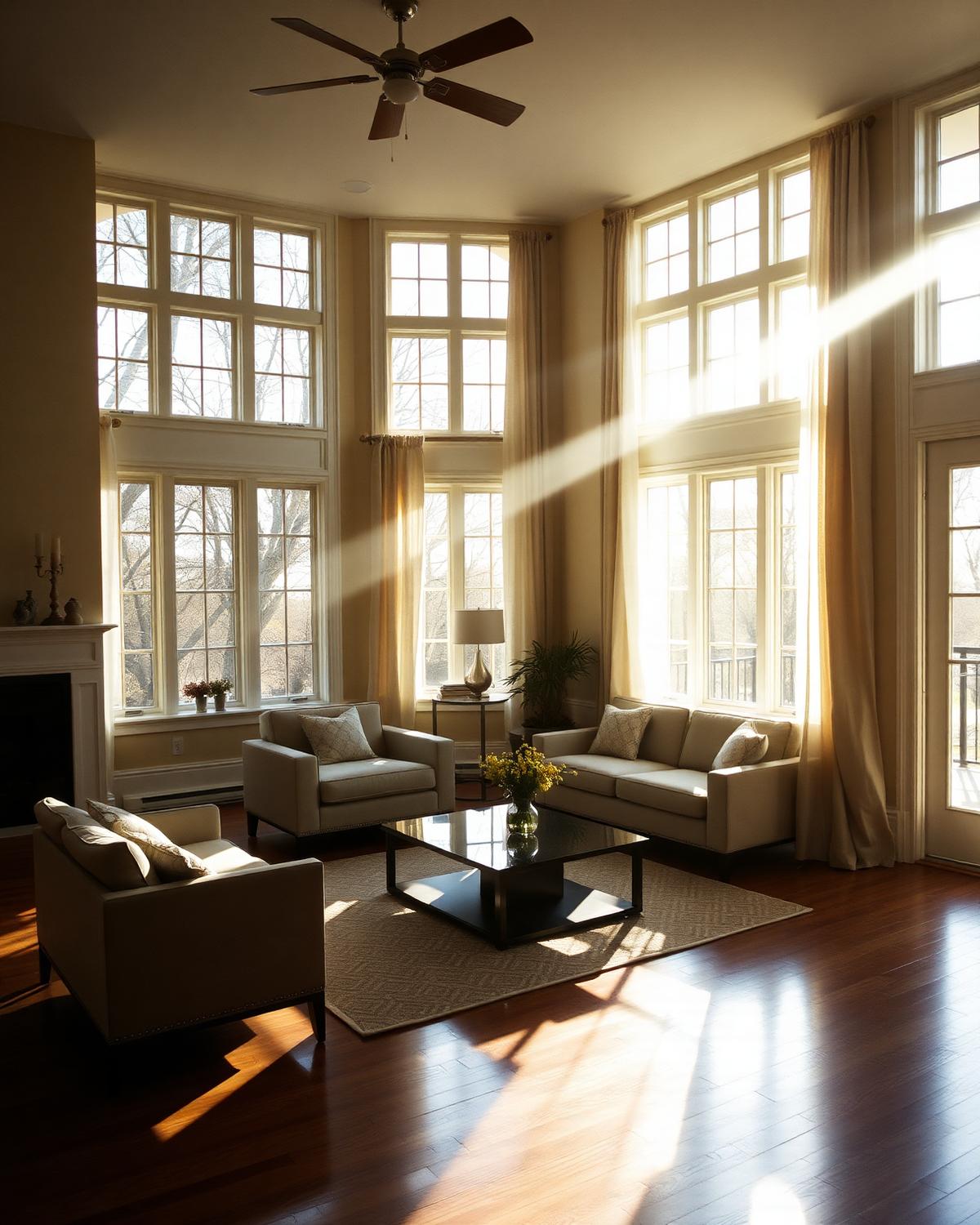 A sunlit, restored Illinois residential living room after professional cleanup